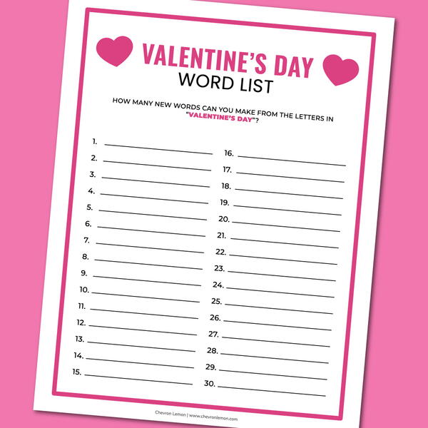 Valentines Day Word List Valentine’s Day Word List