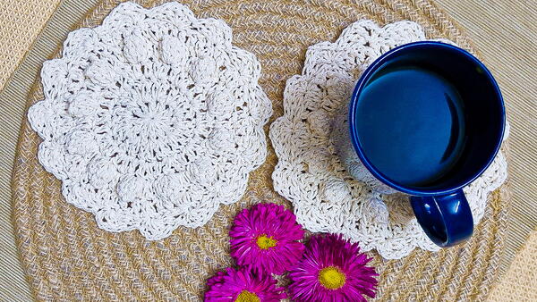 Easy Textured Crochet Boho Coaster With Macrame Thread Easy Textured Crochet Boho Coaster With Macrame Thread