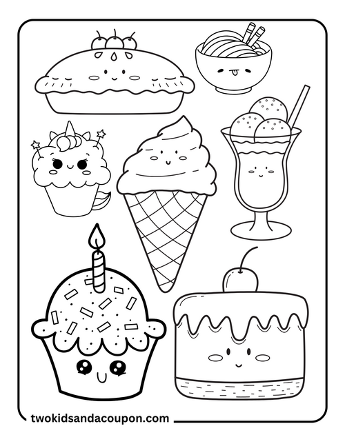 4 Cute Kawaii Snacks Coloring Pages 4 Cute Kawaii Snacks Coloring Pages