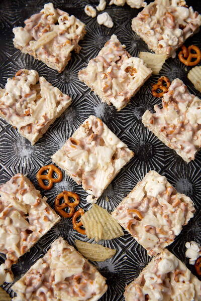 Marshmallow Squares With Pretzels Popcorn And Potato Chips Marshmallow Squares With Pretzels, Popcorn, And Potato Chips
