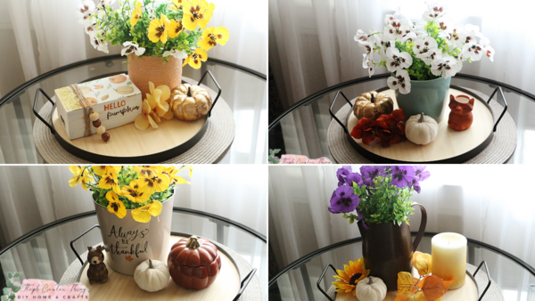 Four Colorful Fall Tray Designs Using Faux Pansies Four Colorful Fall Tray Designs Using Faux Pansies