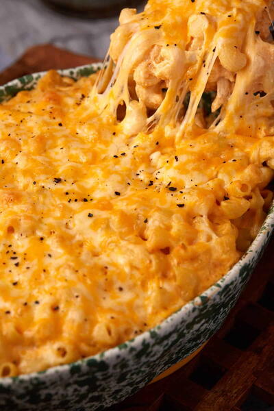 Baked Buffalo Chicken Mac And Cheese uses Franks Red Hot Baked Buffalo Chicken Mac And Cheese (uses Frank’s Red Hot)