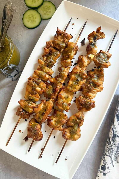 Chicken Satay With Peanut Marinade And Thai Basil Pesto Chicken Satay With Peanut Marinade And Thai Basil Pesto