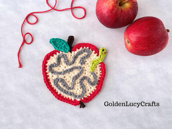 Apple With Worm Applique Coaster Apple With Worm Applique, Coaster