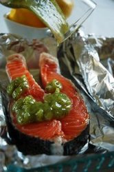 Barbecue Salmon Steaks with Green Ginger Sauce