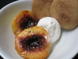 Stewed Peaches with Coconut Gelato and Shortbread Cookies