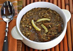 Lentil And Brown Rice Soup With Preserved Lemon And Garlic Chicken Sausage