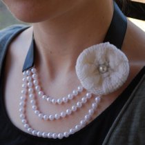 Sweater Flower, Pearl, and Ribbon Necklace