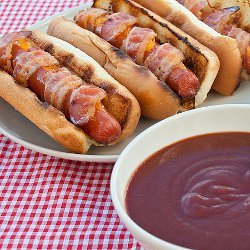 Bacon Wrapped Hot Dogs with Copycat JDawg Sauce