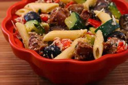 Pasta Salad with Italian Sausage, Zucchini, Red Peppers and Olives