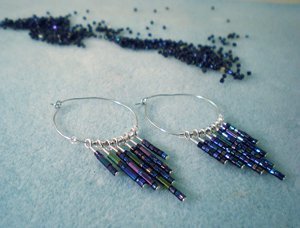 evening earrings seed beads solid color hoop earrings Royal blue hoop earrings beaded dark blue hoops beadwork earrings