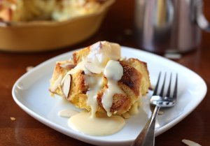 Almond Bread Pudding with Eggnog Sauce