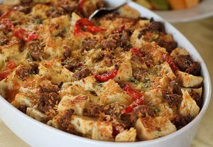 Vegetarian Sausage and Peppers Strata