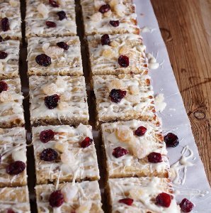 White Chocolate Blondies with Cranberries, Pecans and Candied Ginger