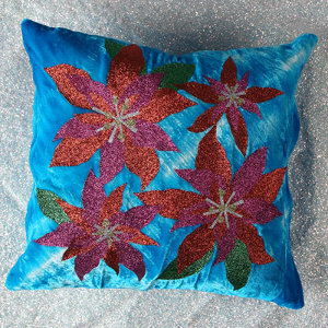 Holiday Shimmer Blue Poinsettia Pillow