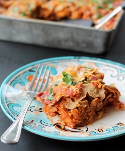 Layered BBQ Chicken and Sweet Potato Enchilada Casserole