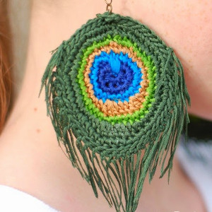 Colorful Crocheted Peacock Feather Earrings