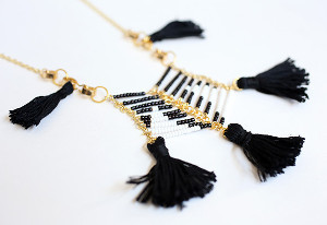 Black and White Beaded Tassel Necklace