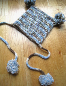 Simple Knit Rectangle Hat with Pom Poms