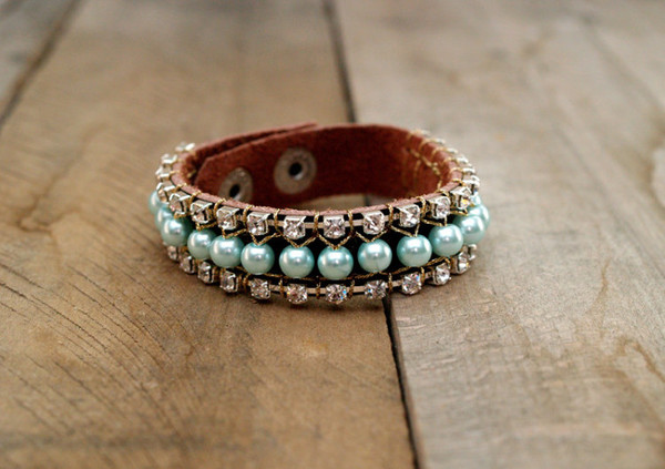 Aqua Blue Pearl DIY Leather Bracelet