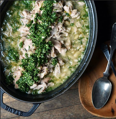 Lemon-Braised Chicken and Beans with Mint Pesto