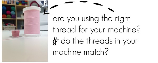 Are you using the right thread for your machine? Image shows a close-up of a spool of thread and a threaded bobbin.