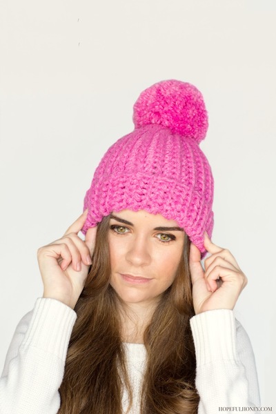 Pink Pompom Crochet Beanie Hat