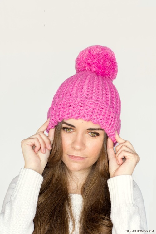 Pink Pompom Crochet Beanie Hat 