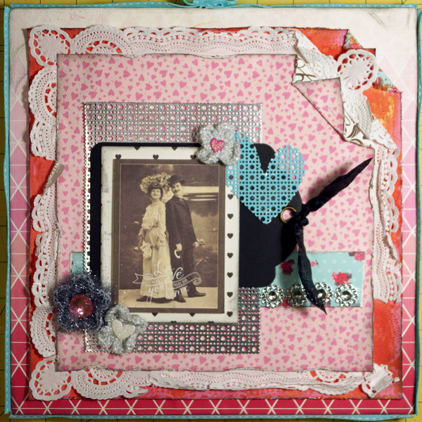 Vintage Mixed Media Homemade Valentines Day Scrapbook Layout