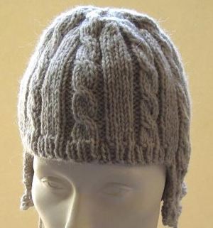 Cable Ear Flap Hat with Pom Poms