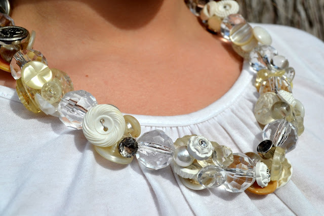DIY Button Necklace With Fabric Buttons, Ribbon & Gold Cord Ends
