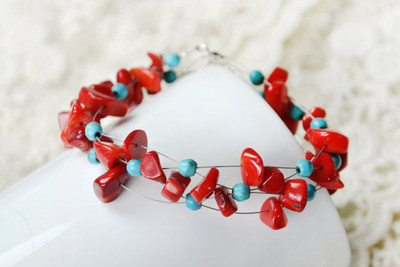 Turquoise and Coral Criss Cross Bracelet