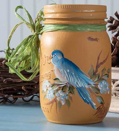 Handpainted Bluebird Mason Jar