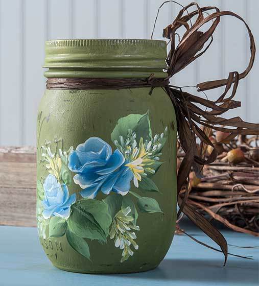 Painted Blue Roses Mason Jar