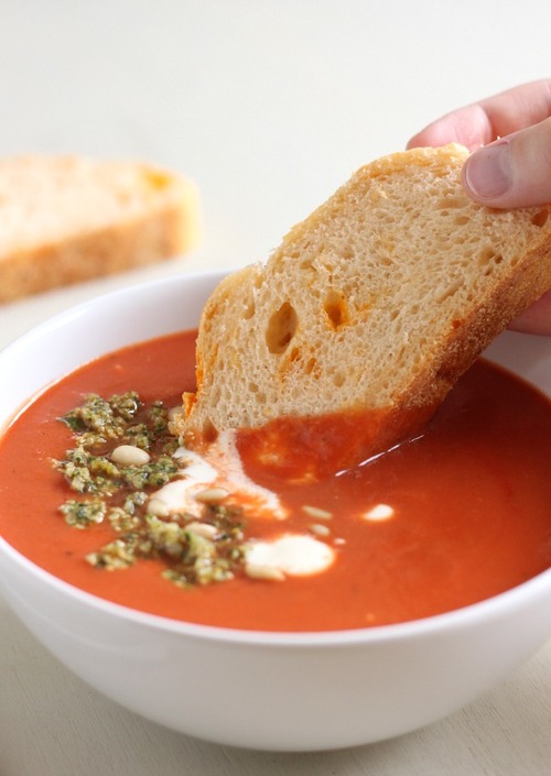 Creamy Tomato Soup with Basil Pine Nut Crumb