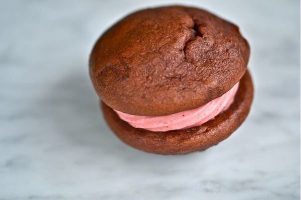 Red Velvet Whoopie Pies with Strawberry Cream Cheese Filling