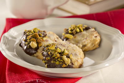 Chocolate and Pistachio Dipped Cranberry Shortbreads