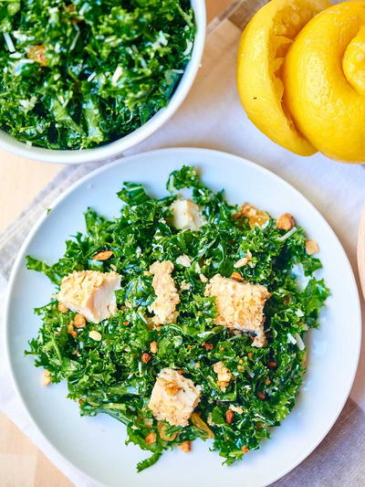 Kale Salad with Baked Almond Chicken