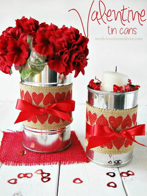 Valentine Tin Cans with Burlap