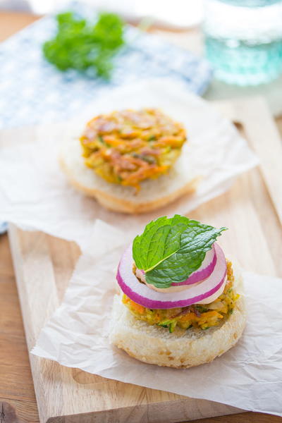 Moroccan Chickpea Sliders with Spicy Harissa Mayo and Mint