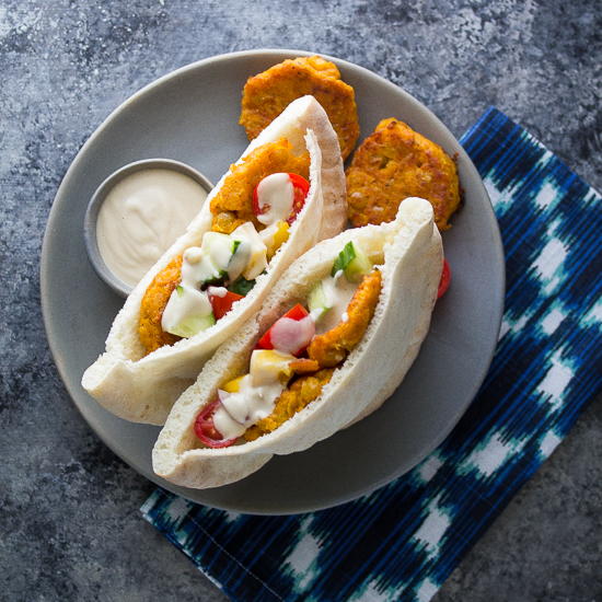 Sweet Potato Falafel Pitas with Tahini Sauce 