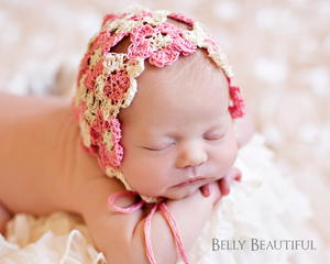 Crochet Baby Girl Hat, Crochet Baby Bonnet, Flower, Crochet Newborn Hat,  Infant Bonnet, Valentine Hat, Baby Photo Prop, Scarlet, Cream 