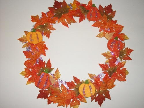 Glitter Leaves and Felt Pumpkin Wreath
