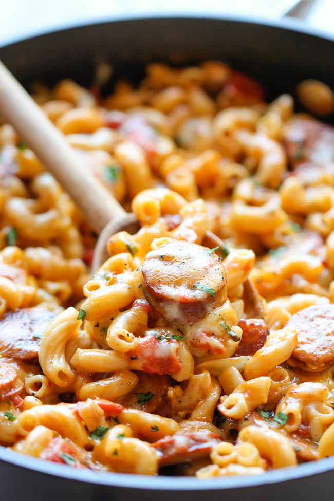 30-Minute Cheesy Andouille Sausage Skillet | FaveSouthernRecipes.com