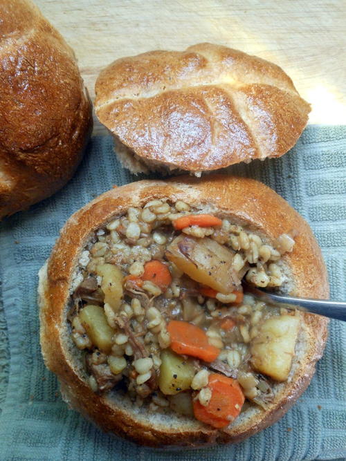 Beef Beer and Barley Stew Bread Bowls