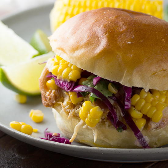 Pulled Honey-Lime Chicken Sandwiches with Corn & Cabbage Slaw (Slow Cooker)