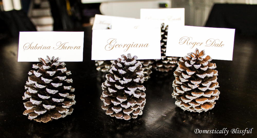 Pinecone place holders card glitter christmas crafts silver tipped thanksgiving Glitter Pinecone Place Card Holders | AllFreeChristmasCrafts.com