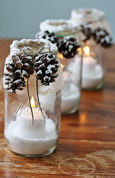 Snowy Pinecone Candle Jars | AllFreeKidsCrafts.com