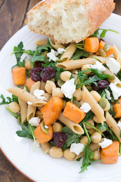 Roasted Sweet Potato Pasta with Arugula and Chickpeas