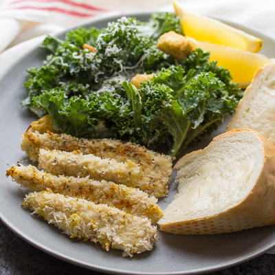 Kale Caesar Salad with Lemon Parmesan Chicken Strips
